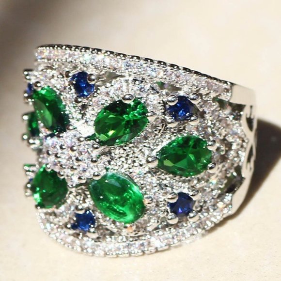NEW Silver Emerald Sapphire Diamond Wide Band Ring - Picture 4 of 7